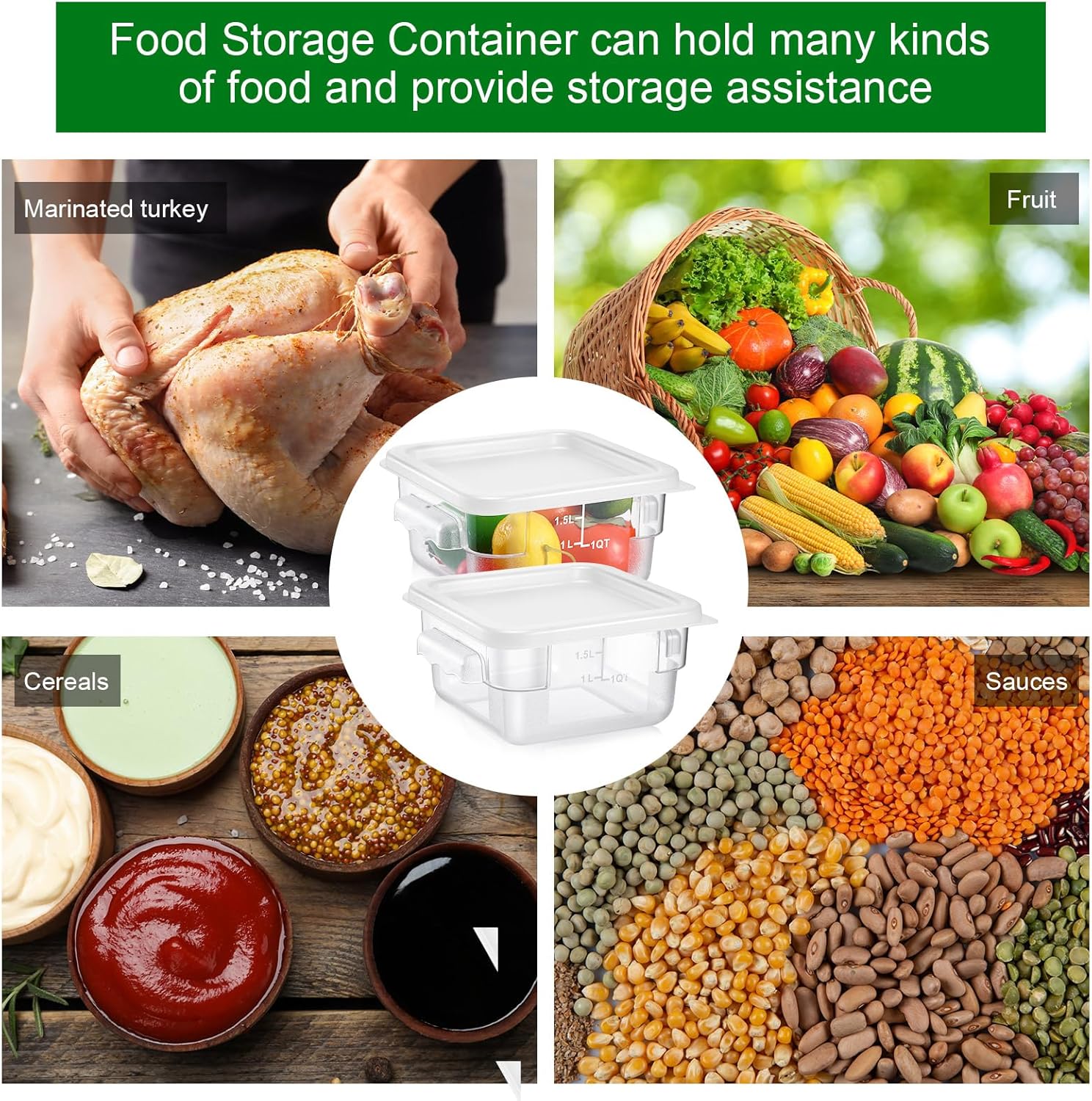 6 Pieces Square Food Storage Containers Polycarbonate Clear food Container with Lid Commercial Storage with Graduations for Commercial Kitchen Dough Marinating Meat(White,2 Qt)